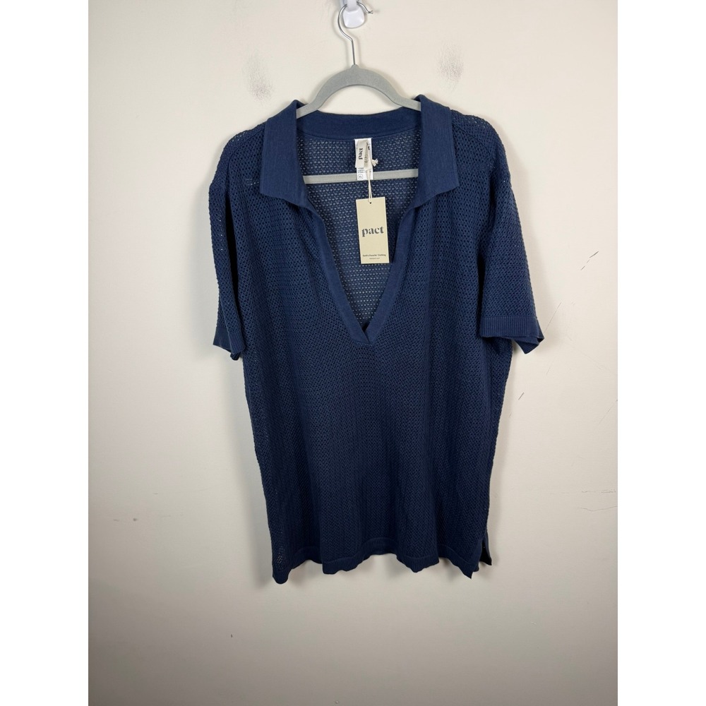 Pact Beachside Crochet Tunic Navy Organic Cotton Linen Blend XL New